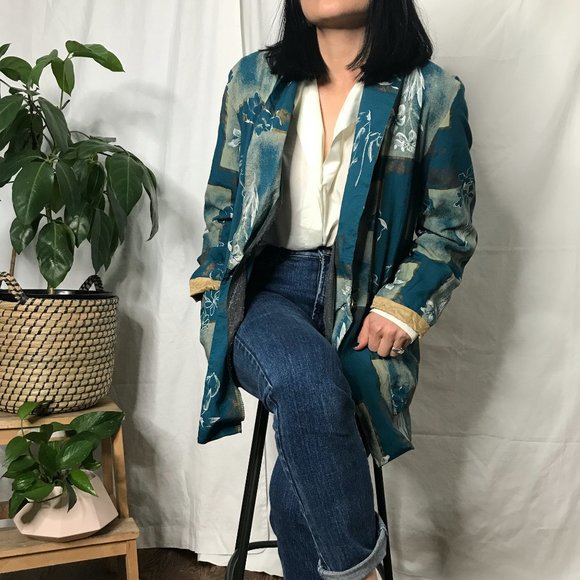 Vintage 1980s geometric floral blazer green medium - Picture 6 of 12